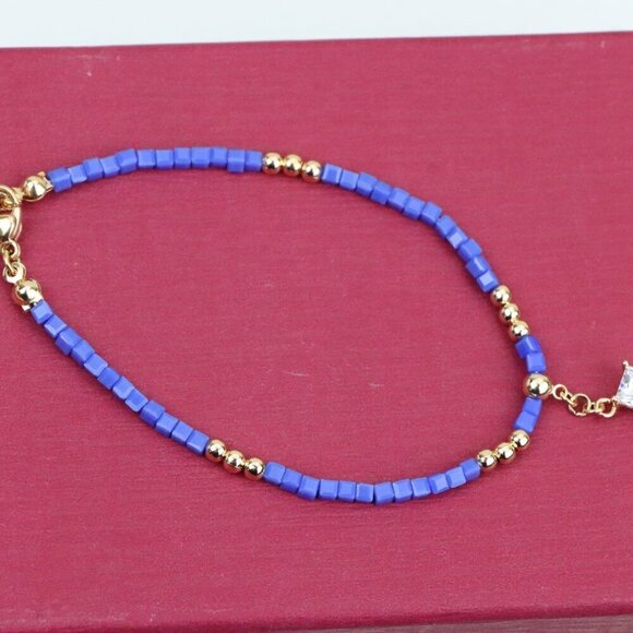 Elegant Rose Gold Bracelet with Blue Beads and Sparkling Charm, XPBL0634 - Picture 12 of 12